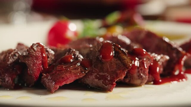 Beef angus steak in restaurant, close up Pieces of hot ribeye steak served on the wooden board. Medium steak slices with blood, salt and pepper in fancy meat cafe. 