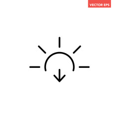 Black single sunset line icon, simple sun falling down flat design vector pictogram, infographic vector for app logo web website button banner ui ux interface elements isolated on white background