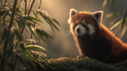 Naklejka premium 朝霧の竹林で佇むレッサーパンダ / Red Panda in Misty Bamboo at Dawn 