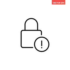 Black single lock with exclamation mark line icon, simple login access denied flat design pictogram, infographic vector for app logo web button ui ux interface elements isolated on white background