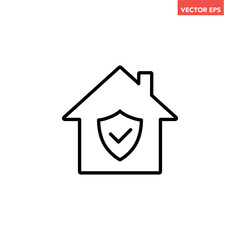 Black single home protection confirmed line icon, simple house shield flat design vector pictogram, infographic interface elements for app logo web button ui ux isolated on white background