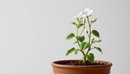 Fototapeta premium jasmine sprouting from a pot on white rendered as a minimalist botanical art on white, with negative space.