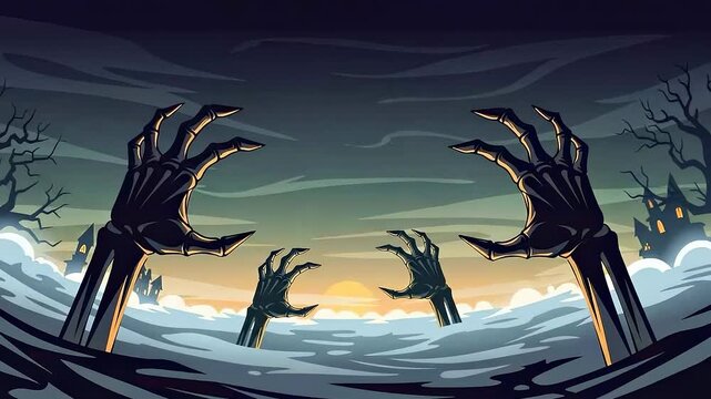 Spooky Halloween illustration of skeleton hands emerging from fog with haunted houses in the background.