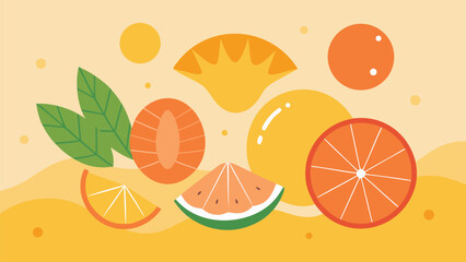 Flat Design Summer Fruits and Leaves on Wavy Background orange citrus