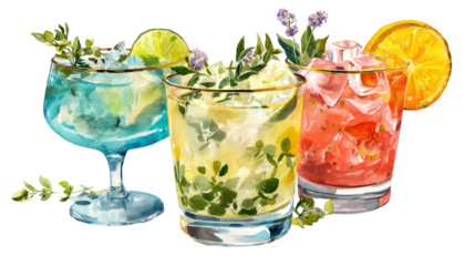 Watercolor flat lay of three mocktail drinks in cocktail glasses on white background