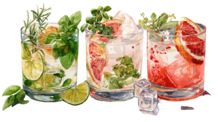 Watercolor flat lay of three mocktail drinks in cocktail glasses on white background