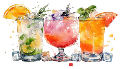 Watercolor flat lay of three mocktail drinks in cocktail glasses on white background