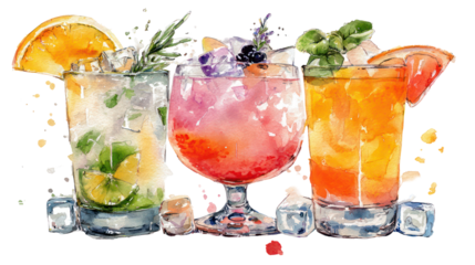 Watercolor flat lay of three mocktail drinks in cocktail glasses on white background