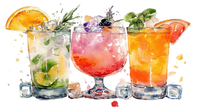 Watercolor flat lay of three mocktail drinks in cocktail glasses on white background