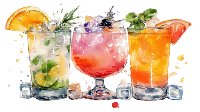 Watercolor flat lay of three mocktail drinks in cocktail glasses on white background