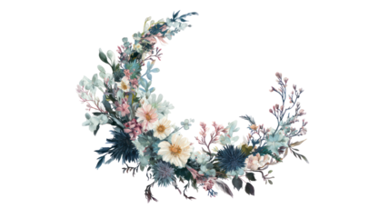 Watercolor floral crescent made of wildflowers and vines on white background