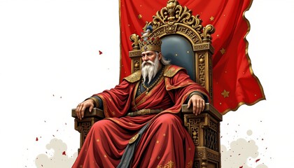 Fototapeta premium an ancient emperor seated on a throne rendered in grand epic illustration on a clean white background, not filling the frame.