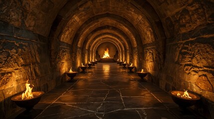 Obraz premium Ancient stone corridor with arched ceiling illuminated by fire torches, mysterious underground tunnel creating historic atmosphere of medieval castle, dungeon, or fantasy adventure
