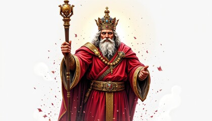 Obraz premium a grand epic illustration of an historic orator holding a sceptre, isolated on a white background with space around.