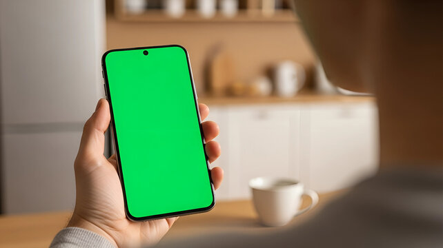 Person holding modern smartphone with customizable green screen display in blurred home kitchen setting, perfect for digital mockups and content insertion.
