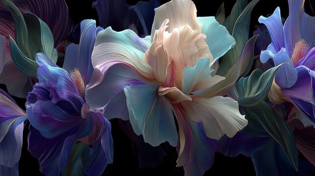 Vibrant digital rendering of colorful irises in full bloom against a dark background