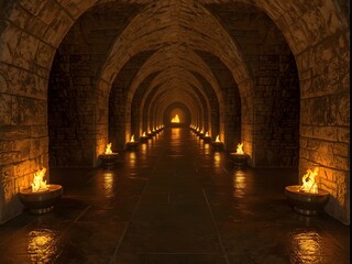 Ancient stone corridor with arched ceiling illuminated by fire torches, mysterious underground tunnel creating historic atmosphere of medieval castle, dungeon, or fantasy adventure