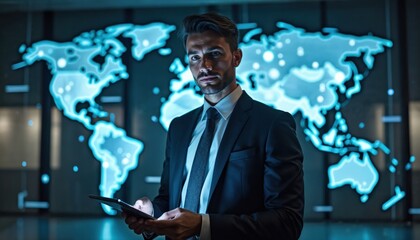 Businessman in suit uses tablet computer near glowing holographic world map displaying data. Modern office technology for global business analysis, digital strategy, finance, corporate communication.