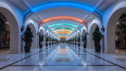 Obraz premium Futuristic corridor with marble floor and white arches illuminated by vibrant rainbow gradient neon lights, modern architectural hallway design creating colorful tunnel perspective