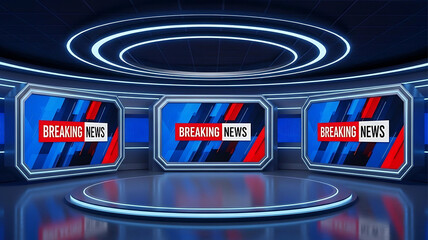 Modern virtual news studio backdrop featuring multiple glowing screens displaying breaking news, perfect for television broadcasts and online media streams.