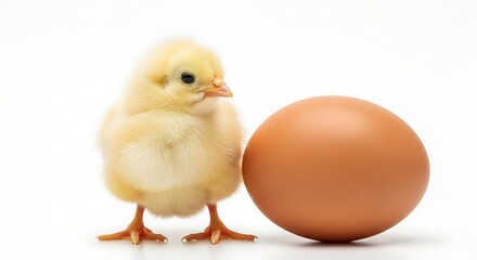 Innocent Beginnings - A Fluffy Yellow Chick Posing Beside a Brown Egg on White.