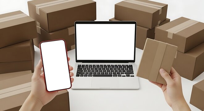 Hands holding smartphone and package near laptop surrounded by cardboard boxes, e-commerce concept.