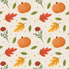 Seamless autumn pattern with leaves, pumpkin, flower berries 