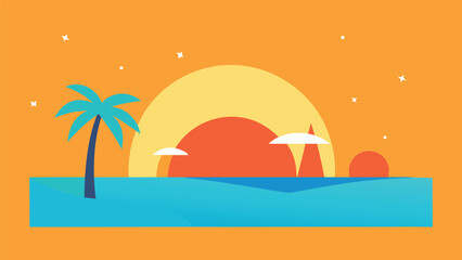 Obraz premium Minimalist Flat Design Tropical Beach Scene with Palm Tree and Sunset vector illustration