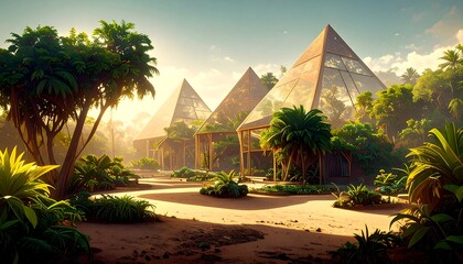 Tropical pyramid structures in a lush garden