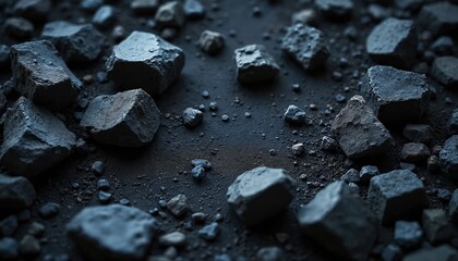 Dark, rocky landscape with scattered broken stones. Jagged stone fragments and pebbles create a textured, monochromatic terrain. Gritty, desolated ground suggests solitude and resilience in nature.