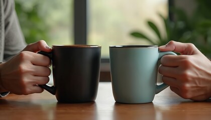 Two hands hold coffee mugs, promoting teamwork, success during casual business meeting. Colleagues enjoy break with hot drinks in modern office workspace, fostering camaraderie, shared achievement.