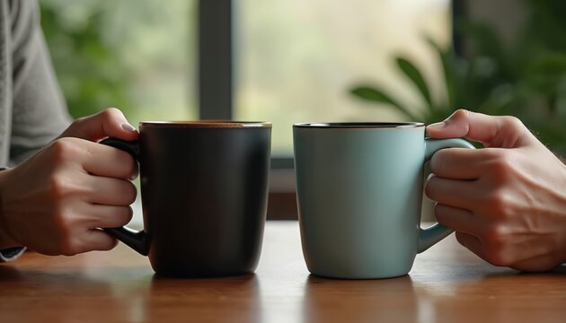 Two hands hold coffee mugs, promoting teamwork, success during casual business meeting. Colleagues enjoy break with hot drinks in modern office workspace, fostering camaraderie, shared achievement.