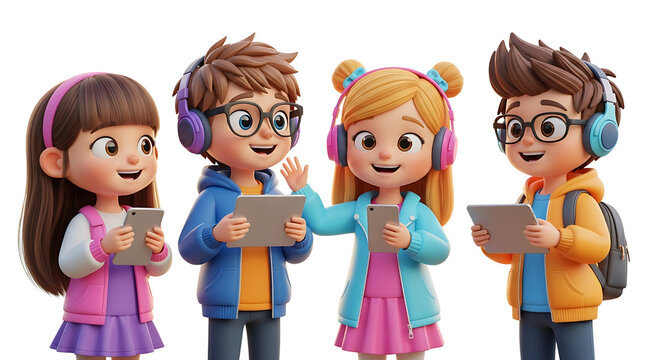 3D illustration of cartoon-style children wearing headphones and holding tablets, smiling happily against a transparent background.