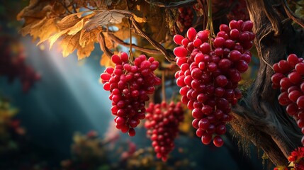 A close-up of a cluster of grapes illuminated by warm sunlight filtering through autumn leaves. The image captures nature’s richness and seasonal beauty.