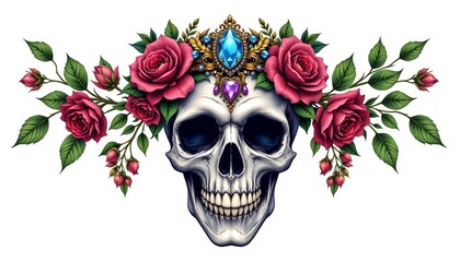 detailed digital illustration depicting a flower crown skull with jewels centered on white with plenty of negative space.