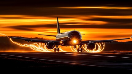 An airplane ascends into a fiery sunset, its engines glowing with speed. The dramatic light trails convey power and adventure.