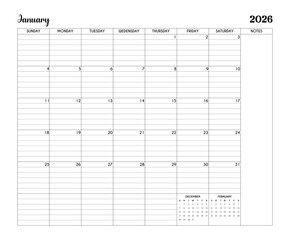 January 2026 Minimalist Printable Calendar Page with Notes Section