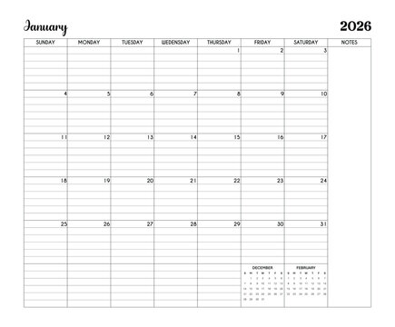 January 2026 Minimalist Printable Calendar Page with Notes Section - Powered by Adobe
