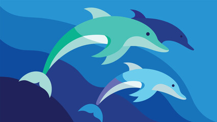 Fototapeta premium Three Playful Dolphins Swimming in Blue Water ocean