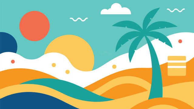 Tropical beach landscape with stylized sun palm tree and abstract shapes Keywords: beach, tropical, summer, vacation, sun, palm tree, ocean, sea, waves, sand, landscape, sky, clouds, abstract