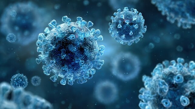 Stunning photo of microscopic enlargement of blue virus - respitory virus outbreak - floating cells in body - virus shaped as covid, influenza, sars, corona, hiv, mers, cholera.