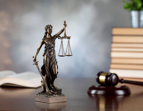 Lady Justice statue with scales, sword, gavel, and law books on a desk, representing legal concepts, fairness, and the pursuit of justice.