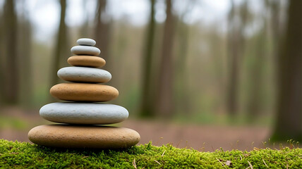 Zen stones stacked in a forest setting, symbolizing balance and tranquility amidst nature