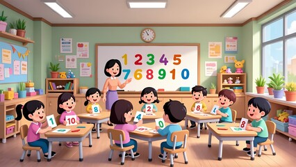 Cartoon Illustration of Kids Learning Numbers in Classroom with Teacher