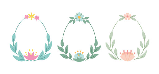 Floral egg shaped frame made of leaves, branches, berries, blossoms. Three oval border forms decorated top and bottom by cute flowers, thin curved stems, botanical accents. Soft flat pastel colors