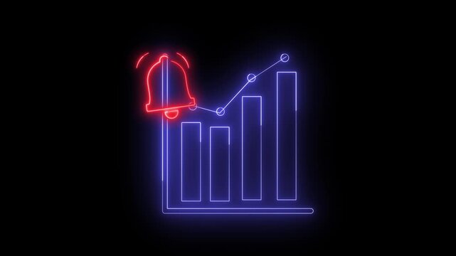 Neon light effect animation of a bar and dot chart icon with a notification bell
