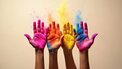 Hands with vibrant powder explosion create festive atmosphere. Bright pink, orange, yellow, blue colors splash. Celebratory mood for festivals, parties, creative events. Image captures joy,