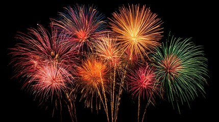 Obraz premium Vibrant fireworks display against a dark night sky, showcasing a colorful explosion of brilliant reds, oranges, yellows, greens, and blues.