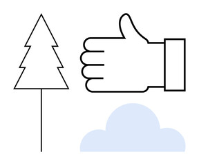 Tree outline, hand giving thumbs-up, minimal cloud design. Ideal for eco-friendliness, sustainability, nature conservation, positive mindset, decision-making, simplicity and a simple landing page