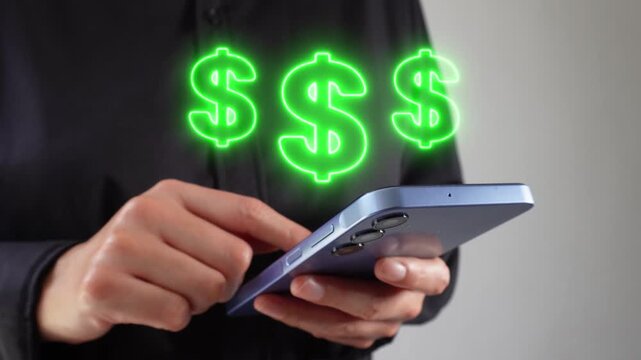 Online business. Businesswoman holding a smartphone with several virtual dollar signs floating around.